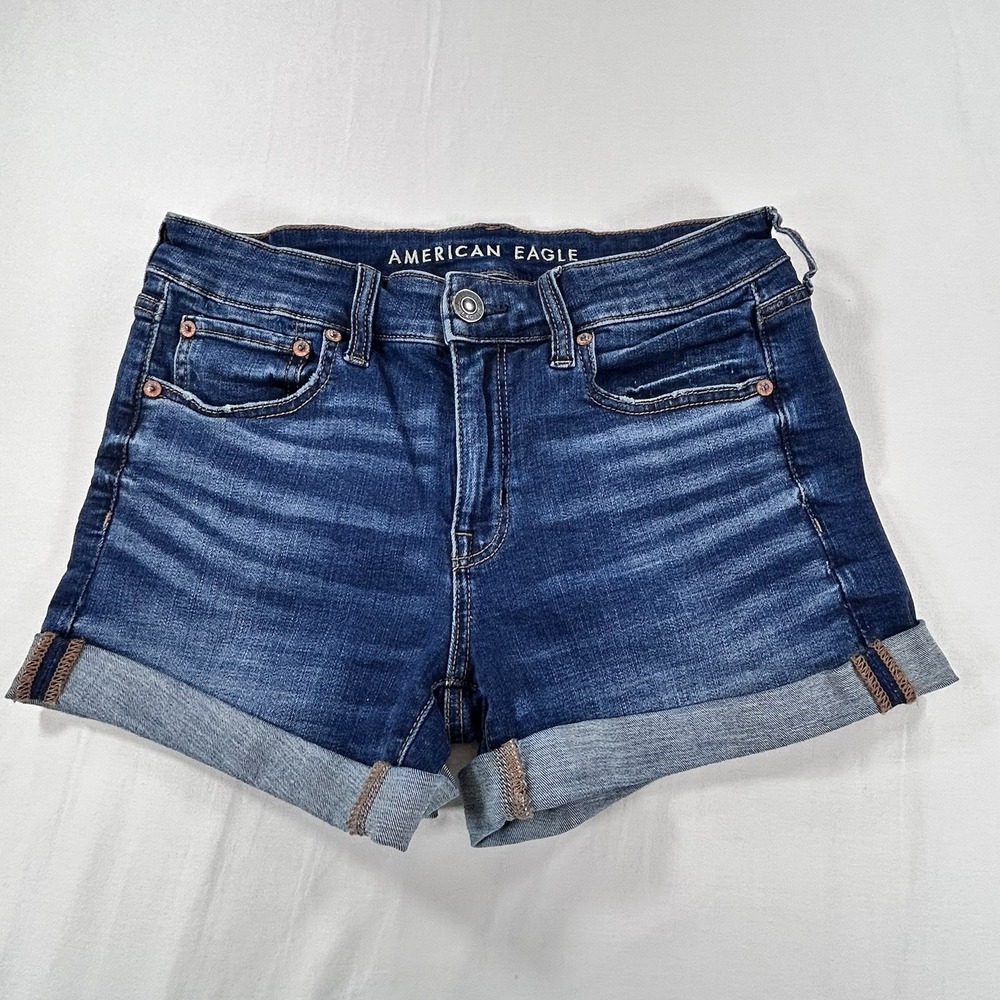 American Eagle Super Stretch Distressed Midi Denim Shorts Womens 10 Blue 3.5"